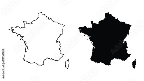 Obraz na płótnie Black and white silhouette map of France with outline contour isolated on a whit