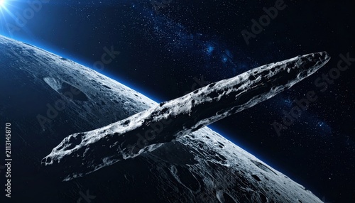 Elongated interstellar object Oumuamua soaring through deep space near a heavily cratered lunar surface with bright starlight