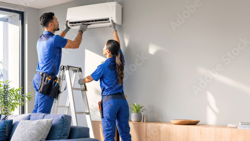 Professional male and female HVAC technicians in blue uniforms perform maintenance on a white air conditioner unit mounted on a living room wall with ample copy space.