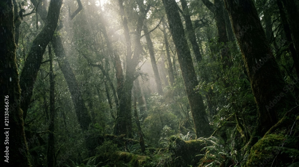 Obraz premium Rain falling through sunlit misty rainforest canopy