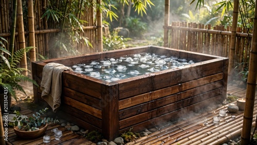 Serene Outdoor Wooden Bathtub Oasis Surrounded by Lush Bamboo Forest.