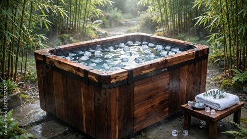 Serene Outdoor Wooden Hot Tub Surrounded by Lush Bamboo Forest.