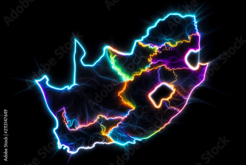A vibrant neon-lit map of South Africa against a dark background