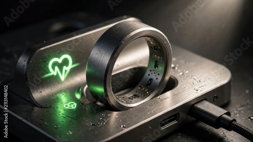 Smart Ring Health Tracker Charging on Dock with Heartbeat Icon.