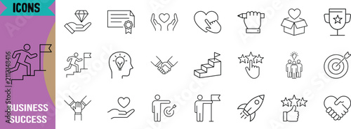 Business success achievement vector icons. handshake icon set, lightbulb icon set, target icon set