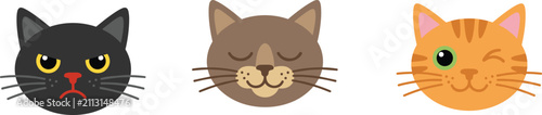 Foto Cute cartoon cat faces set showing three feline heads with grump, sleeping, and winking expressions isolated on a plain white background