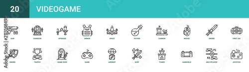 Fotografía Set of 20 outline web Videogame icons such as joystick, multiplayer, handheld co