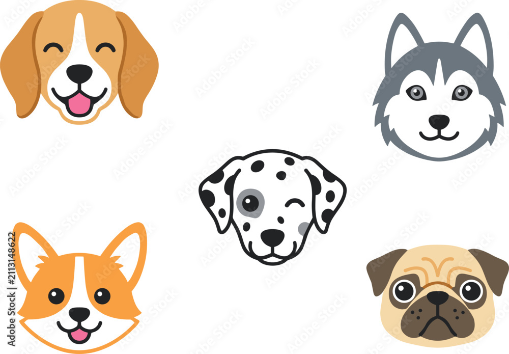 Fototapeta premium Cute cartoon dog breed faces set featuring beagle, husky, corgi, dalmatian, and pug heads isolated on a plain white background.