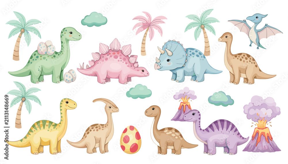 Obraz premium Cartoon Dinosaur Vector Illustration Featuring Stegosaurus, Triceratops, Pterosaur, Volcano, Palm Trees, Clouds, and Dinosaur Eggs in Playful Prehistoric Design