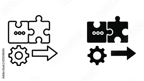 Connecting Puzzle Pieces with Gear Icon Set Representing Strategic Problem Solving and Workflow Process