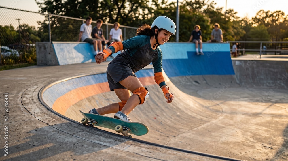 Fototapeta premium Girl builds confidence with a controlled skate park turn