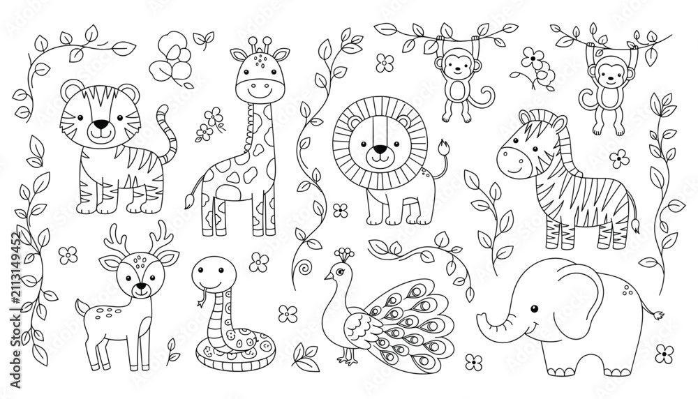 Obraz premium Jungle Animal Coloring Page Vector Illustration Featuring Tiger, Lion, Elephant, Giraffe, Zebra, Peacock, Snake, Deer, Monkeys, Flowers, and Leafy Vines in Cartoon Style