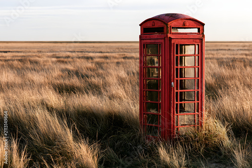 A solitary red telephone box in a golden grassy field under a pale sky. Evokes a sense of remoteness and nostalgia.