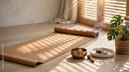 Serene Yoga Mat and Singing Bowl Bathed in Golden Sunlight.