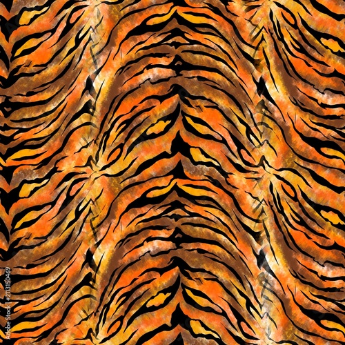 Canvas Print Orange and black tiger stripes seamless pattern texture, watercolor wild animal skin print background