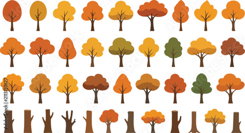 Autumn tree vector icon set featuring fall foliage and wood stumps