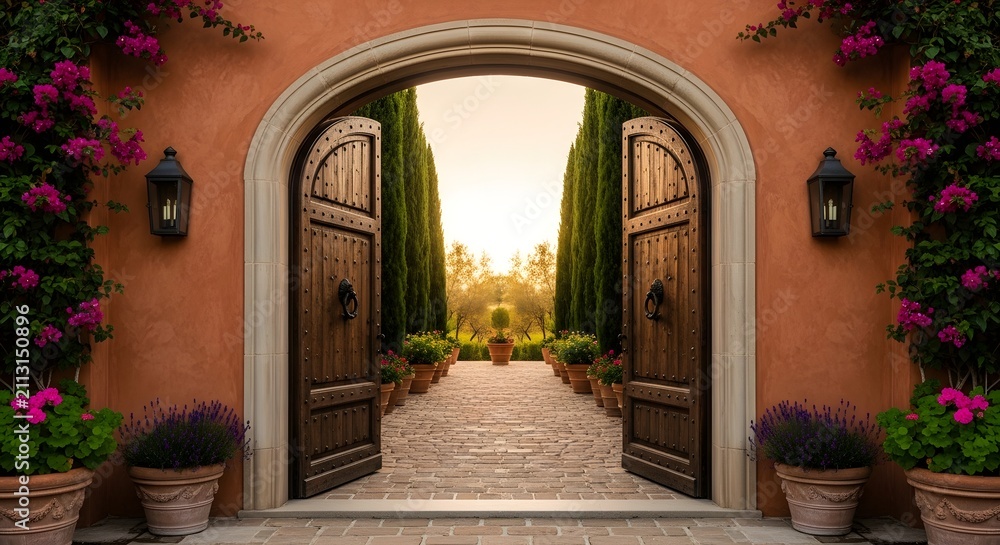 Fototapeta premium Open wooden doors leading to a beautiful sunlit garden path with cypress trees.