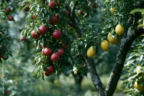 Lush orchard scene featuring two fruit trees: one laden with ripe red fruits, the other with bright yellow lemons, under natural daylight.