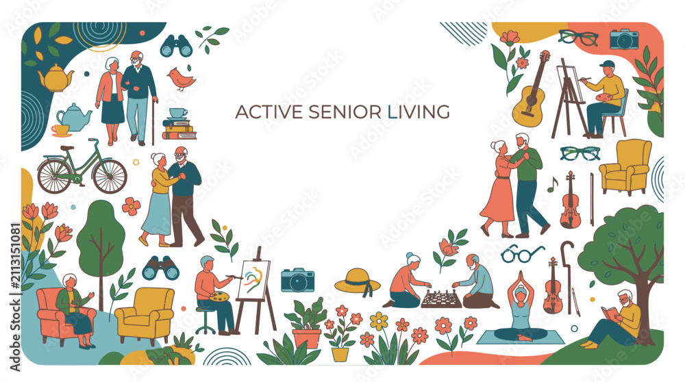 Naklejka premium Active senior lifestyle with hobbies and social activities.