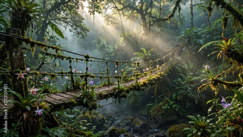 Misty Rainforest Suspension Bridge Bathed in Golden Sunbeams.