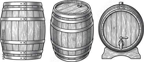 Bild auf Leinwand Vintage Hand Drawn Wooden Barrels Collection with Front Angle and Tap Perspectiv