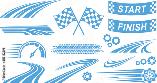 Set of racing themed icons and design elements with fast paced checkered motorsport competition speedometer elements performance automotive abstract tournament championship velocity