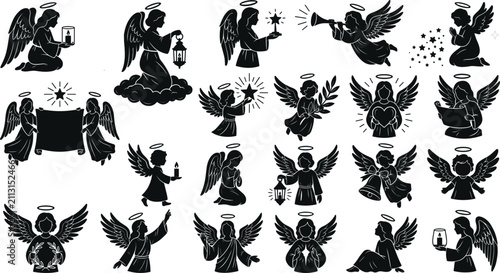 Obraz na płótnie Christmas Angel Silhouette Collection with Guardian Angels, Cherubs, Trumpet, Pr