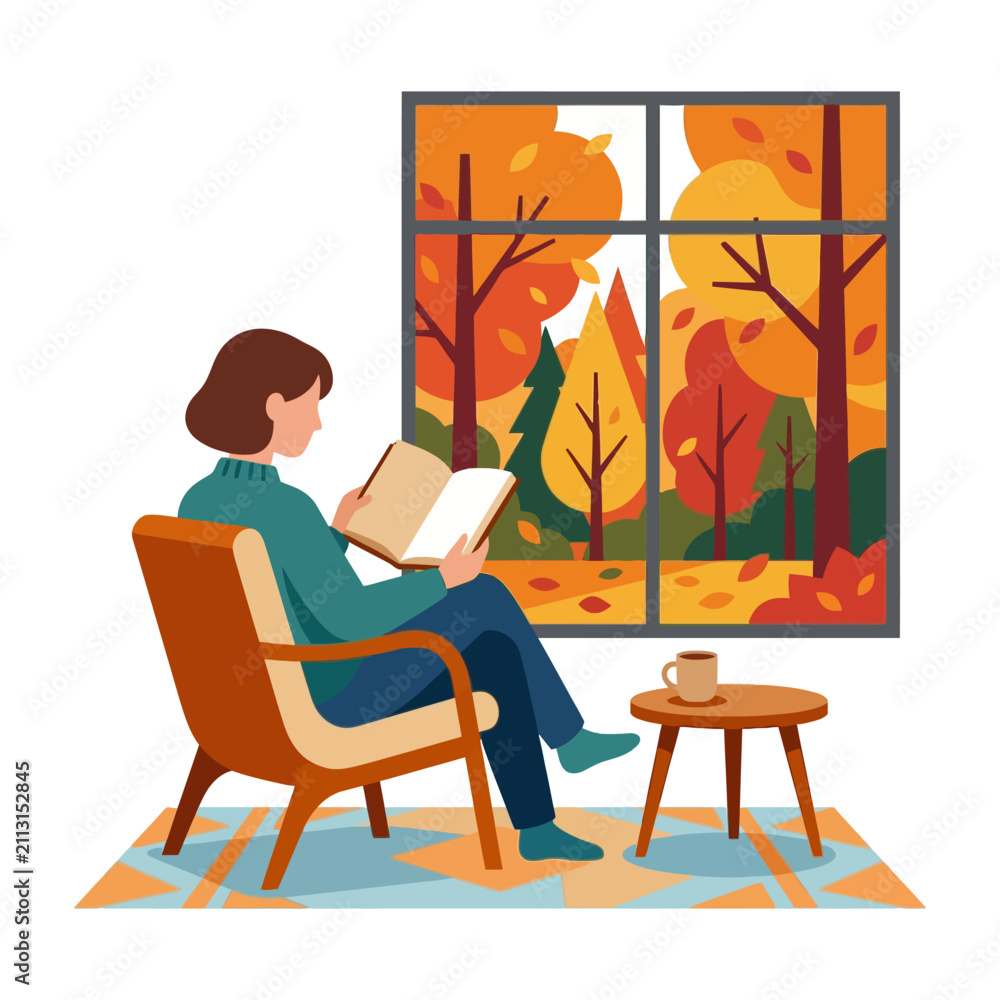 Fototapeta premium Woman reading a book by an autumn forest window.