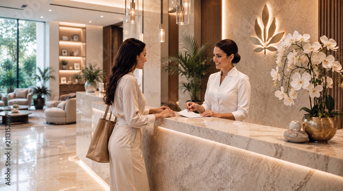 A premium luxury wellness clinic reception where a friendly receptionist welcomes and assists a stylish female client in an elegant, modern healthcare environment.