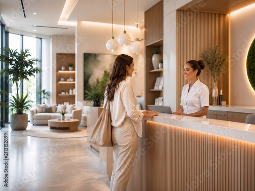 A premium luxury wellness clinic reception where a friendly receptionist welcomes and assists a stylish female client in an elegant, modern healthcare environment.