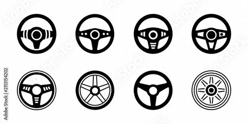Collection of diverse steering wheel icons representing automotive control and driving
