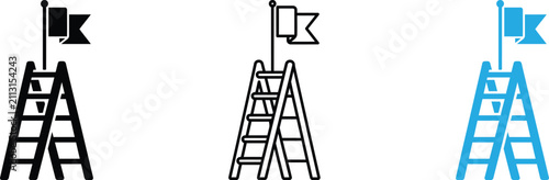 Ladder with Flag Icon Set - Black, Outline and Blue Filled Styles - Success Goal Achievement Vector Illustration