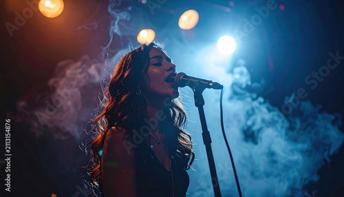 Professional vocalist singing emotional ballad under spotlight with cinematic smoke effects, dark concert stage, realistic photography