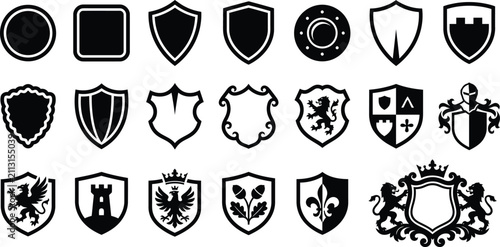 A comprehensive collection of black and white shield icons featuring various heraldic shapes and vintage crest designs in a clean vector illustration format