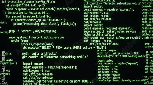 Green software programming code and terminal commands on black screen for hacking and dev concept