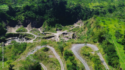 Photography Aerial View of Winding Quarry Roads on the Slopes of Mount Merapi, Indonesia