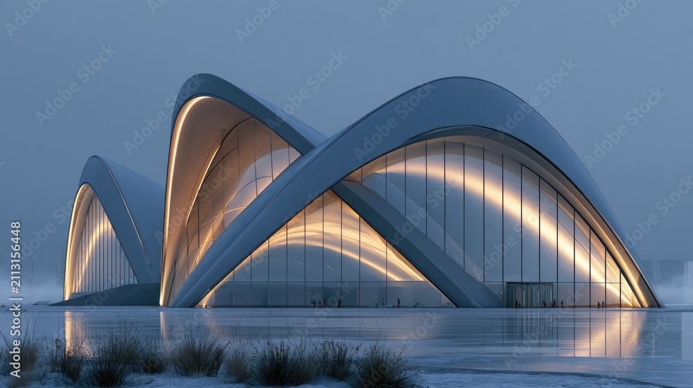 Fototapeta premium Modern architectural building with curved design and illuminated glass exterior at dusk