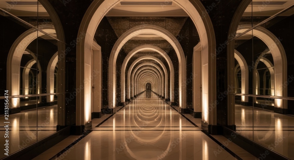 Obraz premium Endless Architectural Corridor Illusion Grand Arches Reflective Flooring and Subtle Lighting Create a Captivating Sense of Depth and Symmetry in an Opulent Interior Space.
