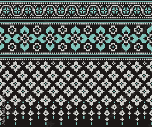 Seamless horizontal floral pattern with geometric shapes on a dark background; designed for decoration, backgrounds, fabrics, and clothing.