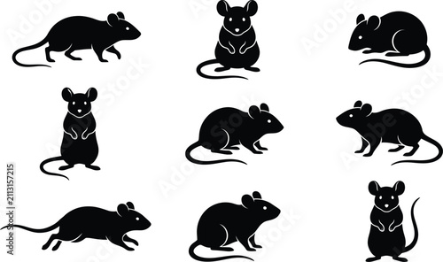 A collection of black silhouette illustrations featuring various poses of rats and mice in a simple artistic vector graphic design style
