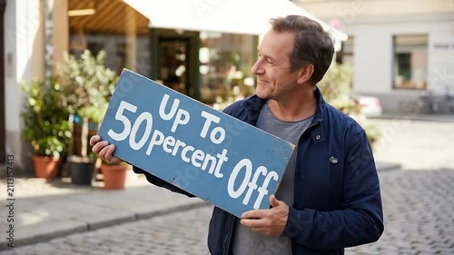 A smiling man holds a blue sign advertising a fifty percent discount