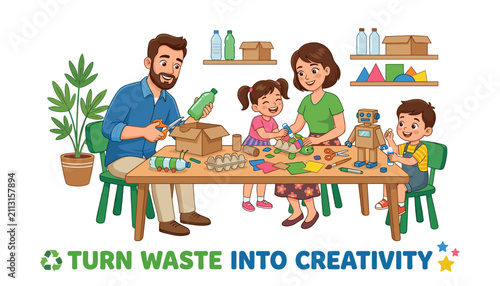 Family crafting together with recycled materials at home, parents and children making diy toys from plastic bottles and cardboard, creative sustainable lifestyle