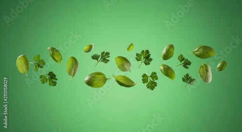 Fresh Culinary Herbs in Motion A Vibrant Swirl of Basil and Parsley Sprigs Gracefully Ascending Against a Verdant Gradient Evoking Gastronomy and Natural Wholesomeness