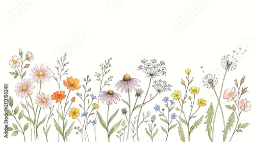 Beautiful watercolor hand drawn wildflowers meadow border with delicate pastel floral elements on a clean white background