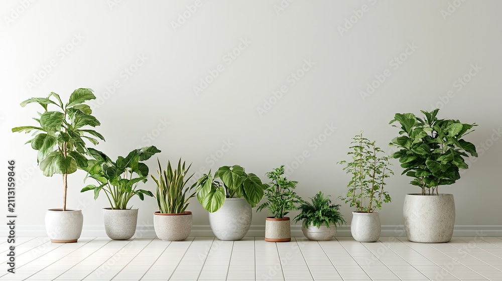 Fototapeta premium Various Indoor Houseplants in Different Sizes and Planters Against White Wall