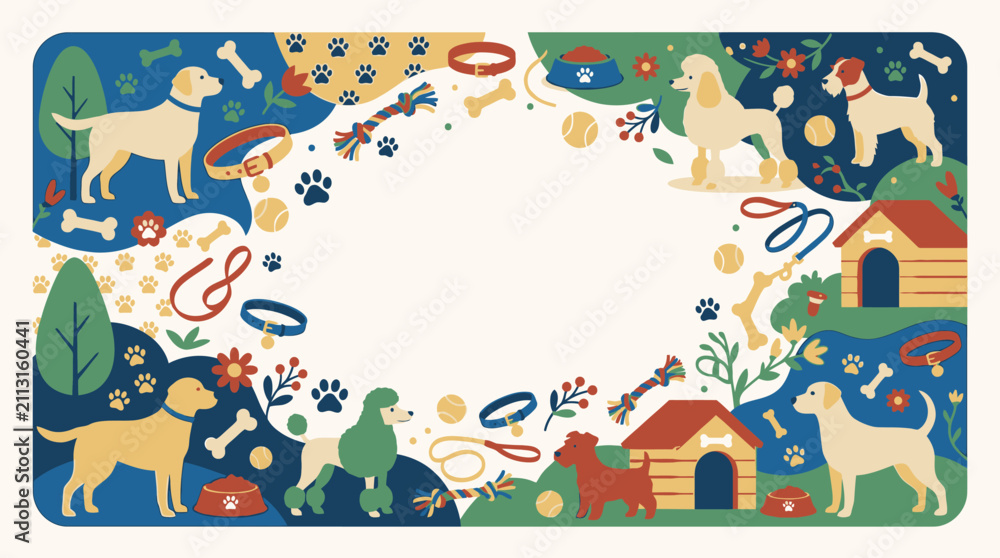 Obraz premium Canine pets and dog house illustration frame background.