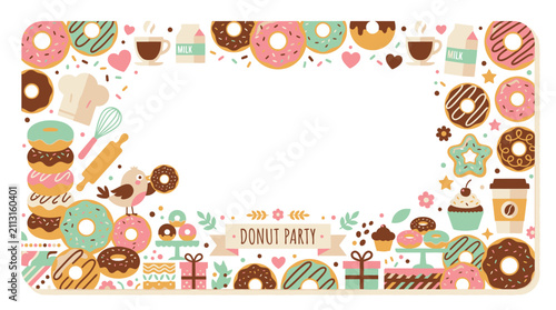 Bakery and donut sweets doodle border with coffee elements.