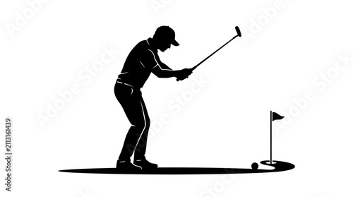 Golf player silhouette putting on green, professional golfer with club and ball near flag, minimalist sports vector icon for tournament branding
