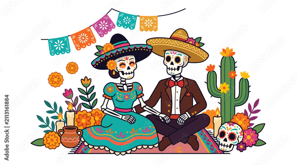 Fototapeta premium Cheerful Catrina and mariachi skeleton couple sitting together on a wooden bench with a guitar, cactus, marigolds and papel picado banners, Dia de los Muertos design.