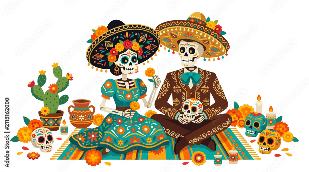 Fototapeta premium Cheerful Catrina and mariachi skeleton couple sitting together on a wooden bench with a guitar, cactus, marigolds and papel picado banners, Dia de los Muertos design.